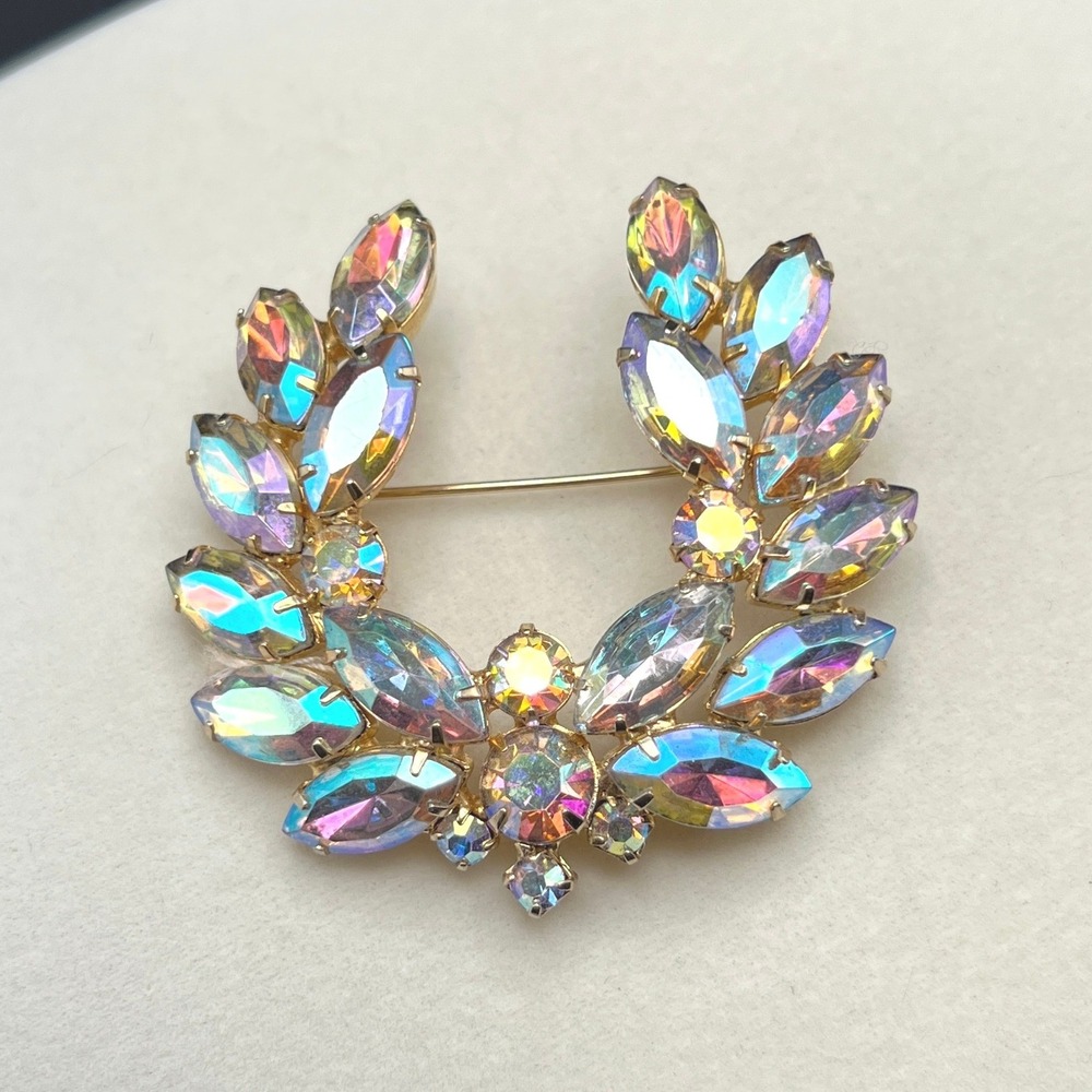 Vintage AB Rhinestone Brooch Gold Tone Laurel Wreath MCM Ethereal